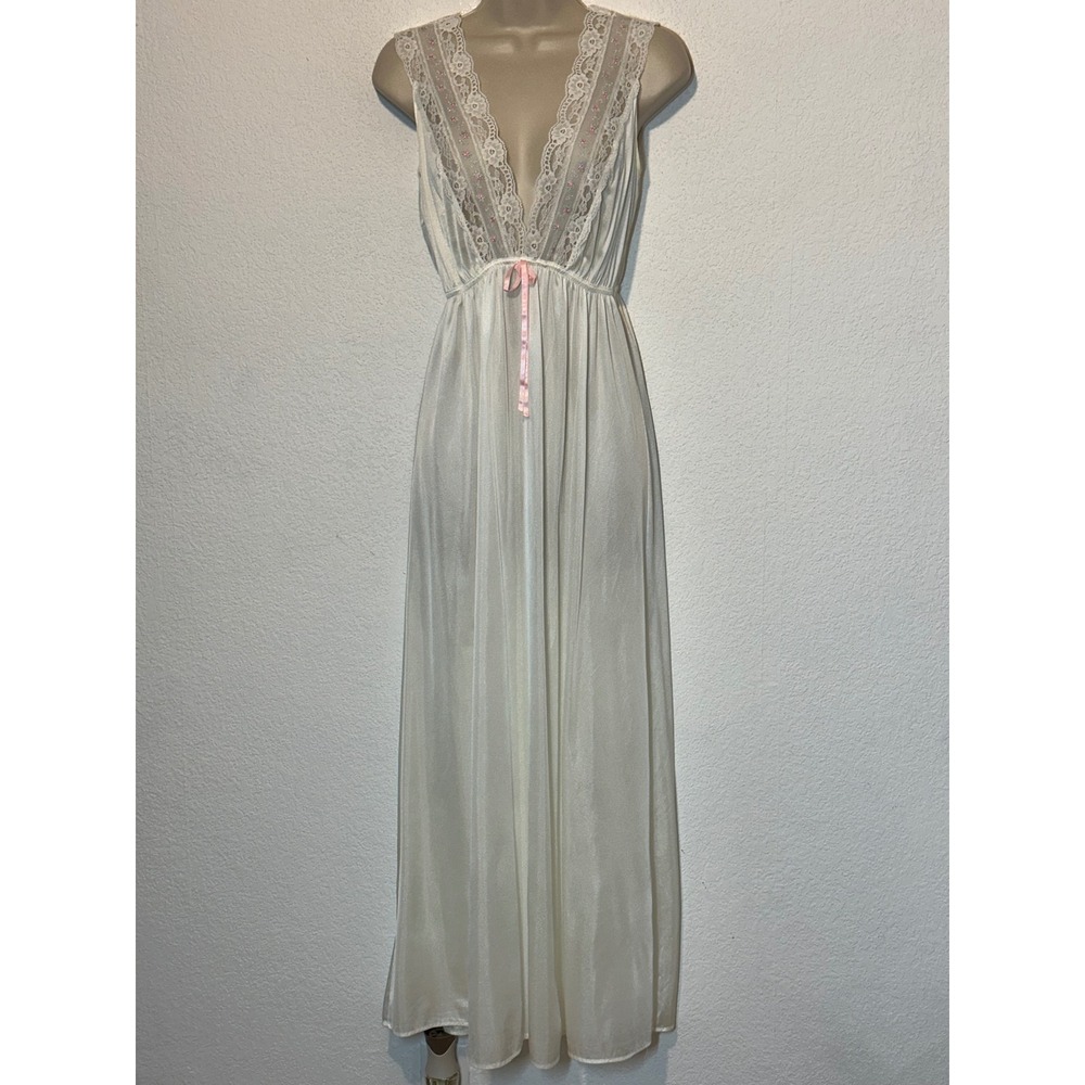 Vintage Gilead Ivory Lace Nightgown Pink Rosette Empire Waist Maxi Dress Small